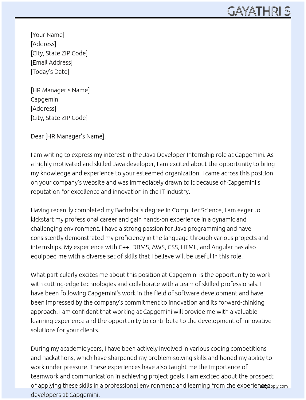 Java developer  At Capgemini Cover Letter