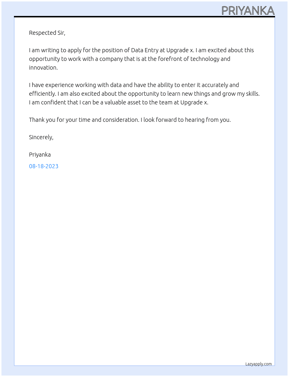 Data Entry At Upgrade x Cover Letter