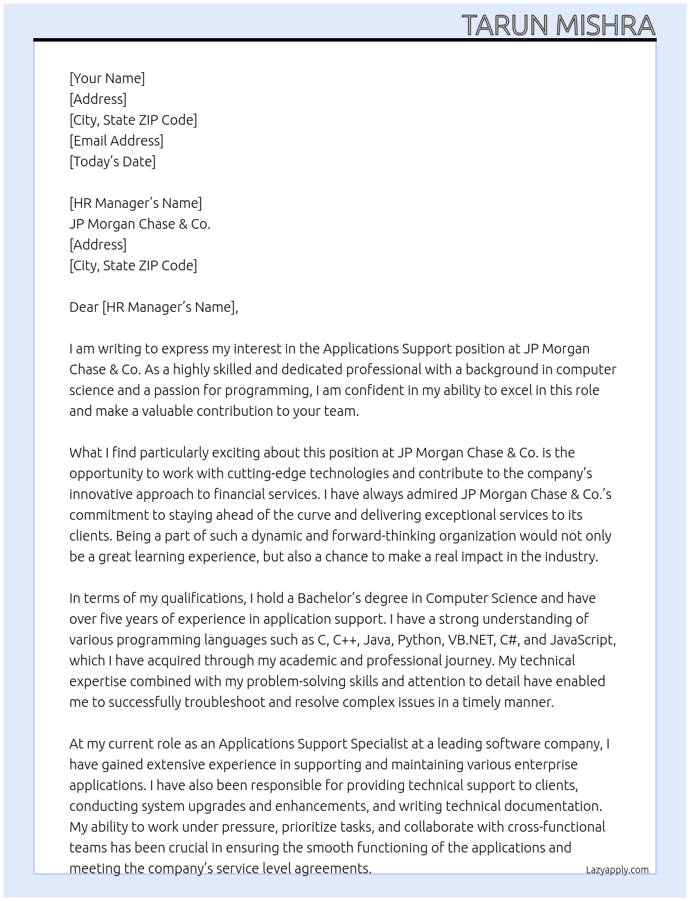 Applications Support At JP Morgan Chase & Co. Cover Letter