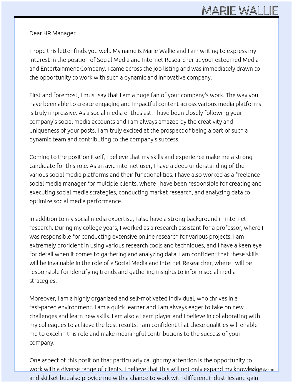 Social Media and Internet Researcher At Media and Entertainment Company Cover Letter