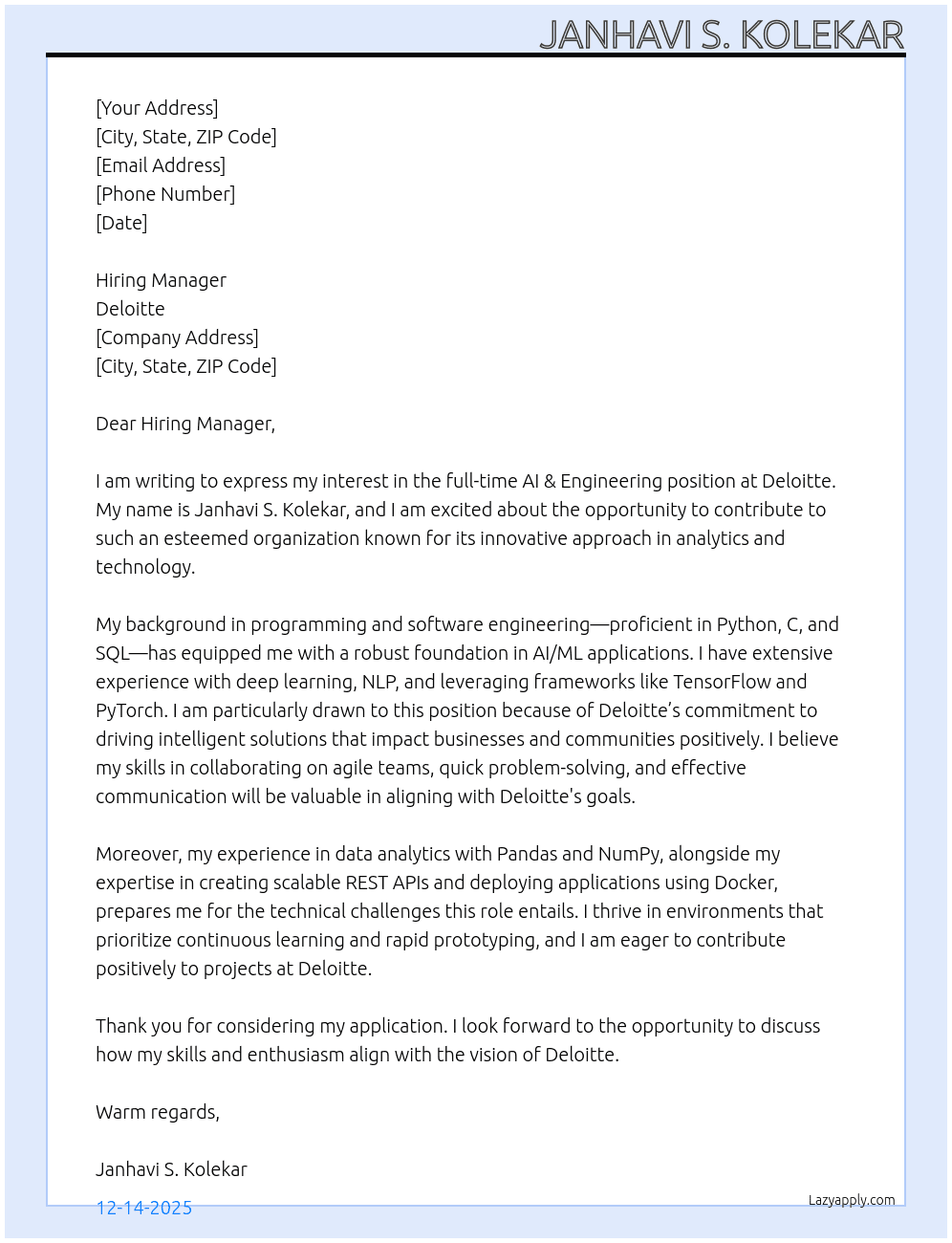 Cover letter for ai engineering - LazyApply