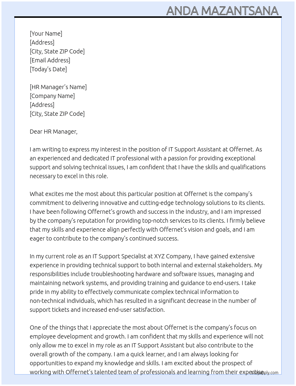  IT Support Assistant At Offernet Cover Letter