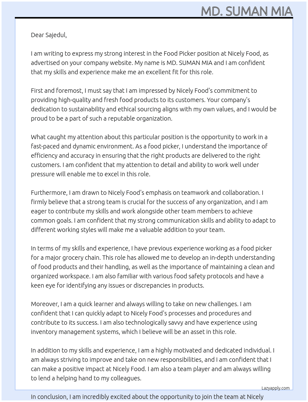 Food Picker At Nicely Food Cover Letter