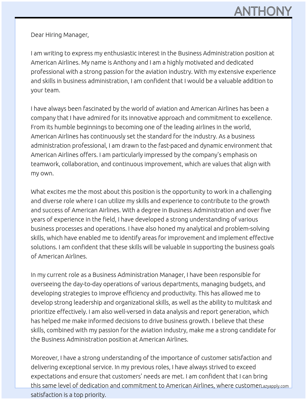 Business Administration At American Airlines Cover Letter