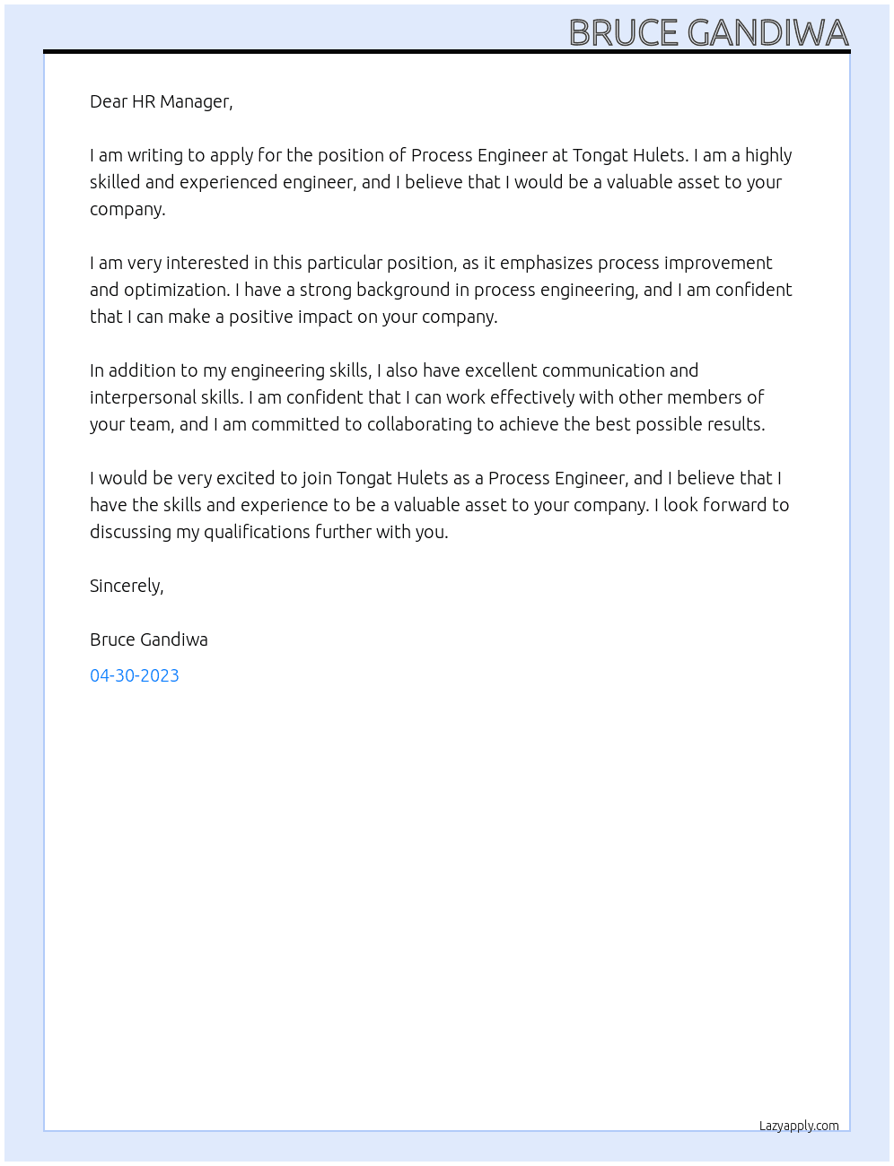 Process Engineer  At Tongat Hulets Cover Letter
