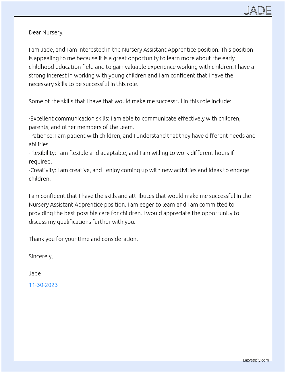 Nursery Assistant Apprentice At Nursery Cover Letter