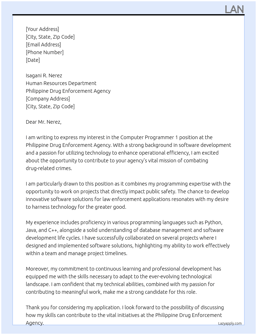 Cover letter for computer programmer 1 - LazyApply