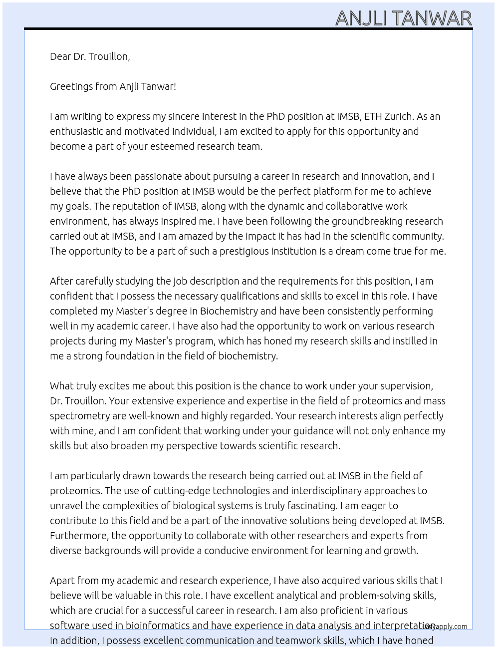 PhD position At IMSB, ETH Zurich Cover Letter