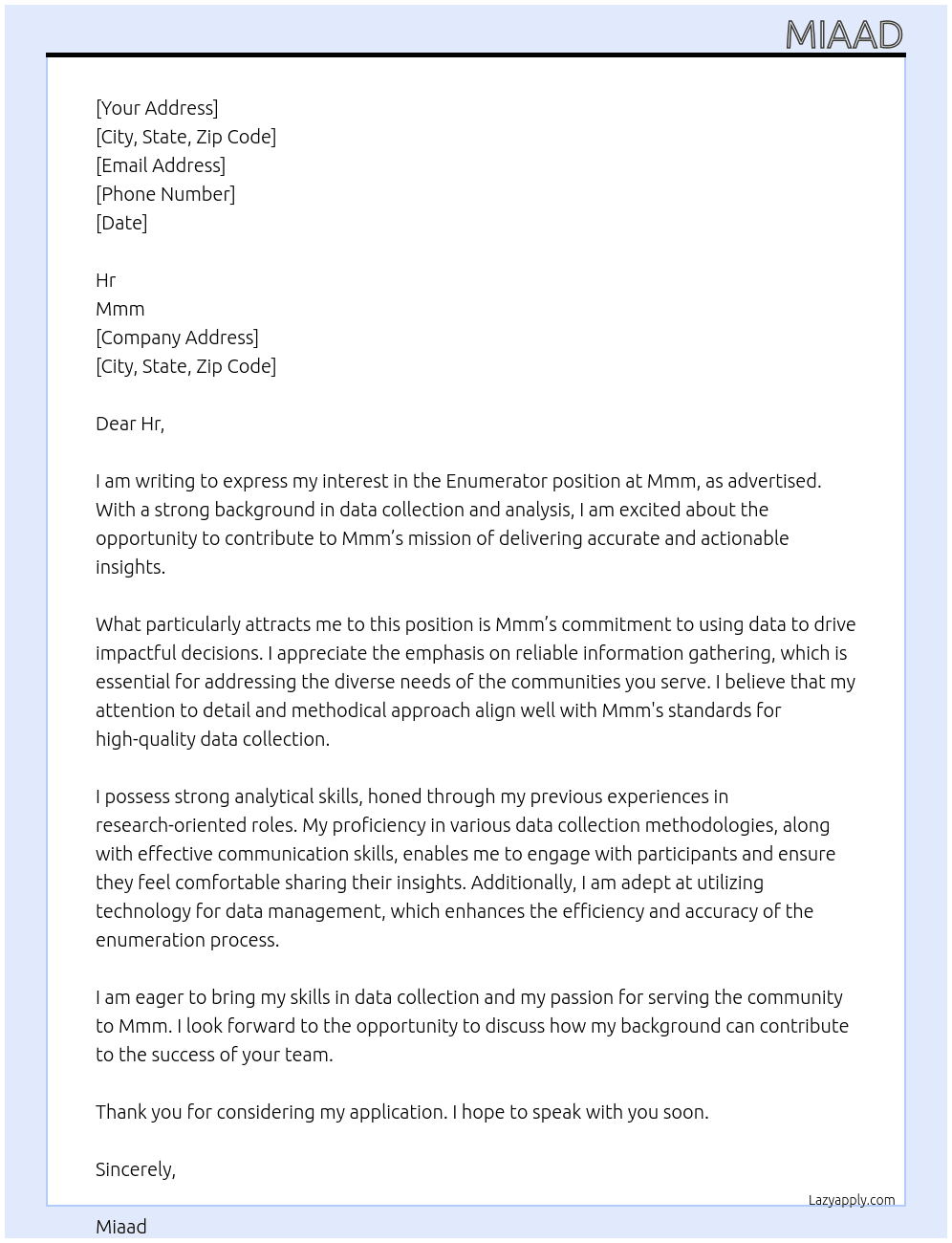 Enumerator At Mmm Cover Letter