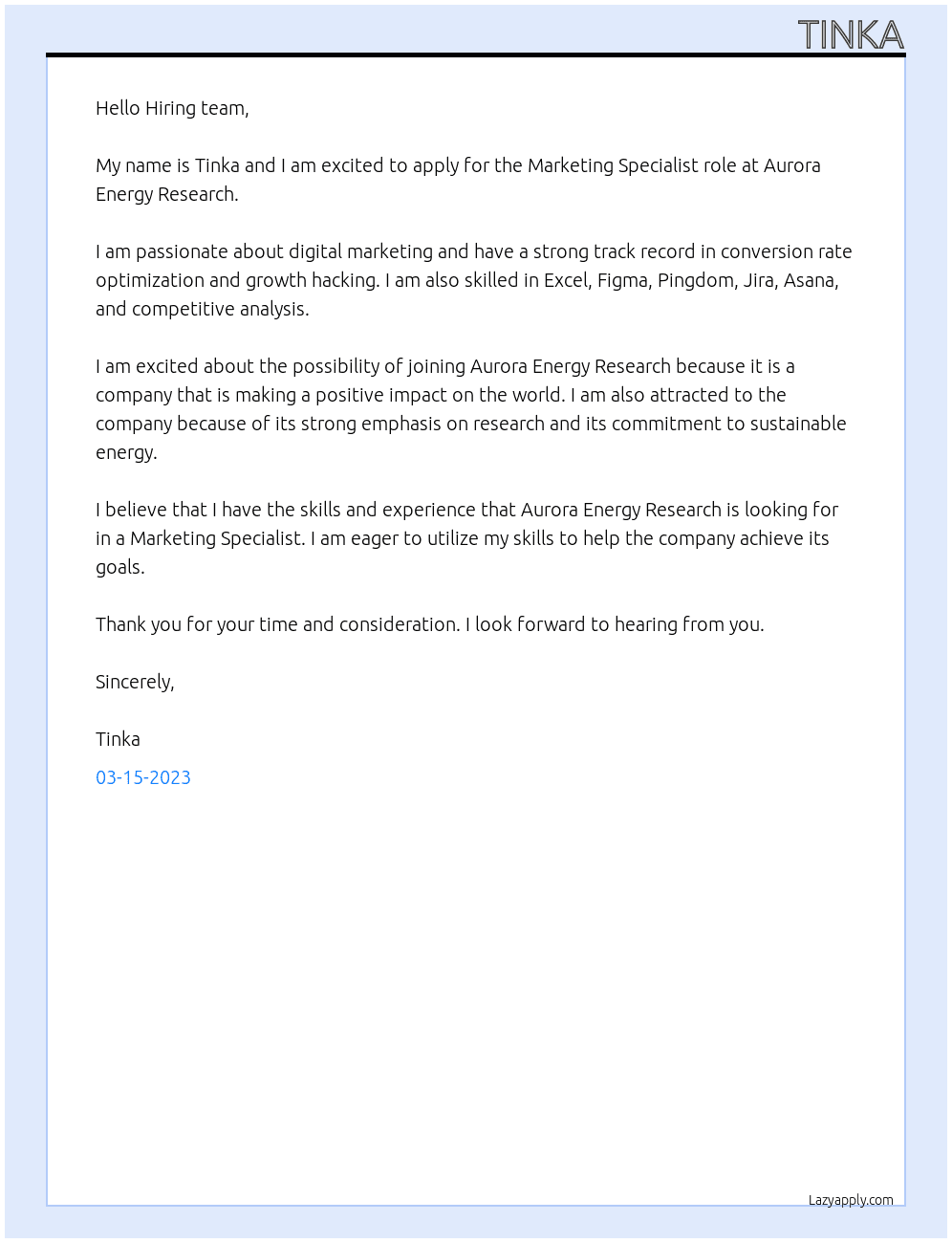 Marketing Specialist At Aurora Energy Research Cover Letter