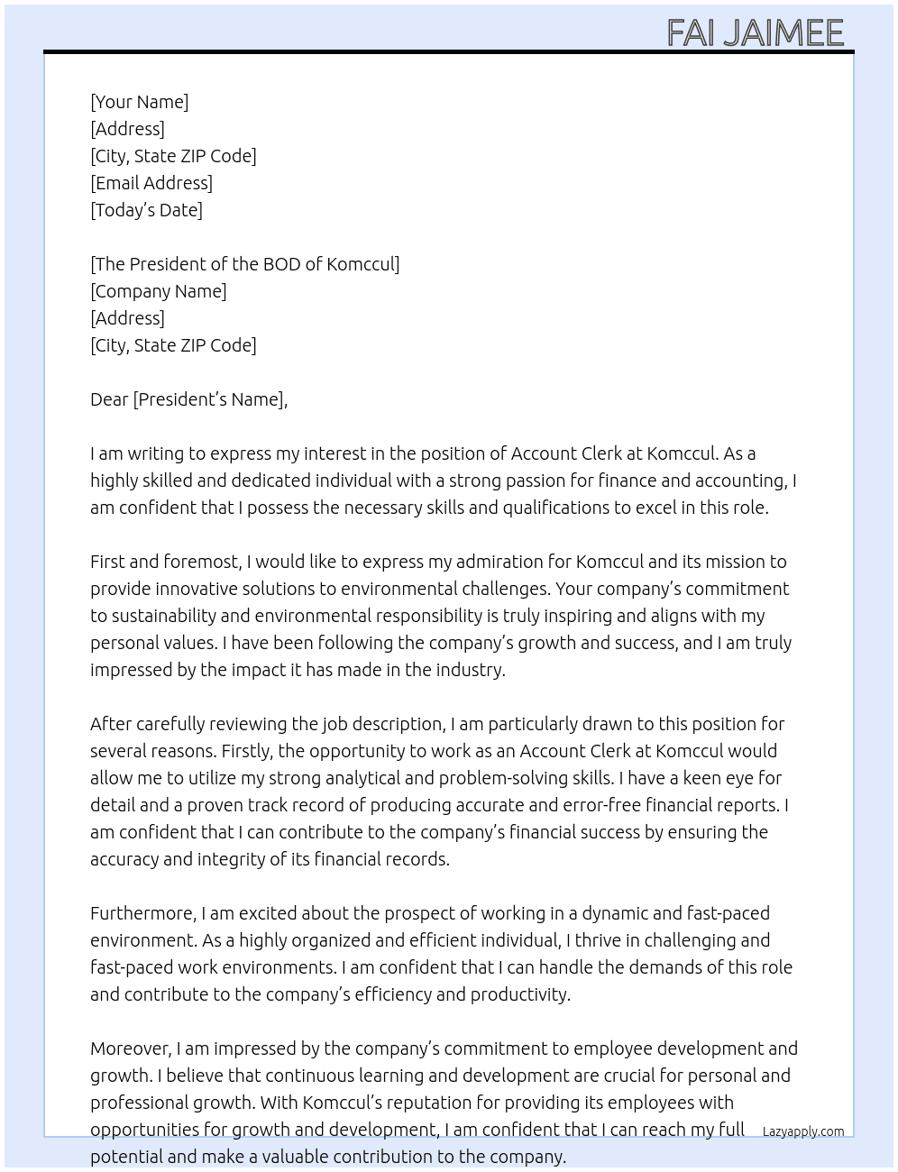 Account clerk  At Komccul  Cover Letter