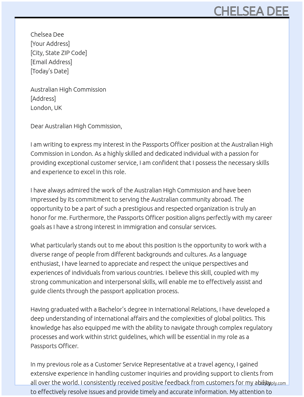 Passports Officer At Australian High Commission Cover Letter