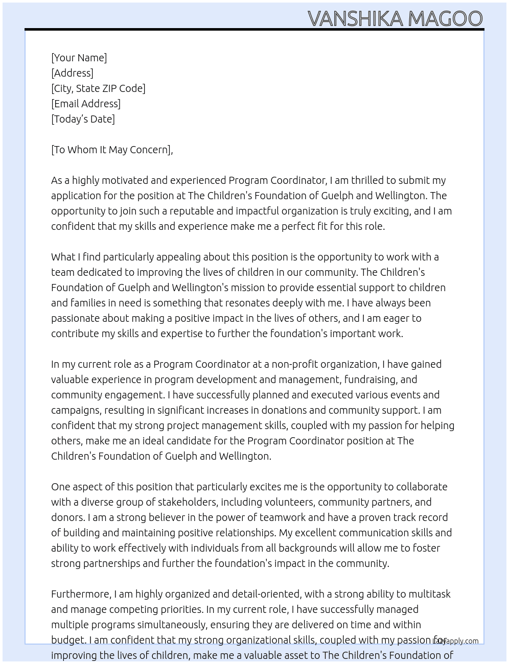 Program Coordinator  At The Children's Foundation of Guelph and Wellington Cover Letter