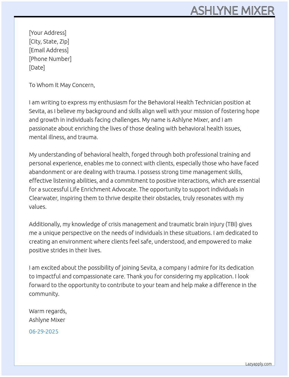 Behavioral health technician  At Sevita Cover Letter