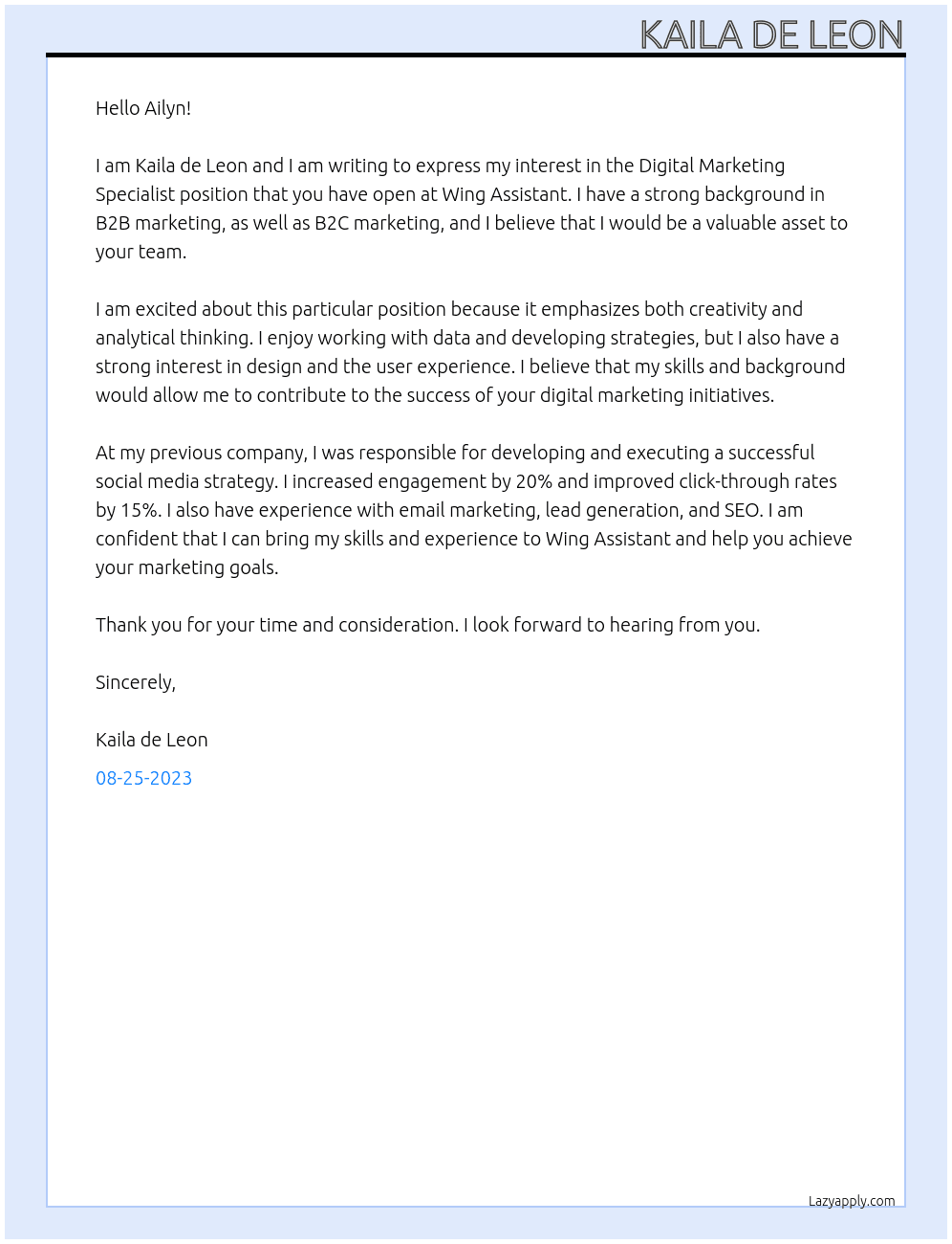 Digital Marketing Specialist At Wing Assistant Cover Letter