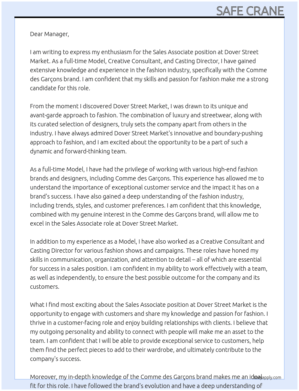 Sales Associate  At Dover Street Market Cover Letter