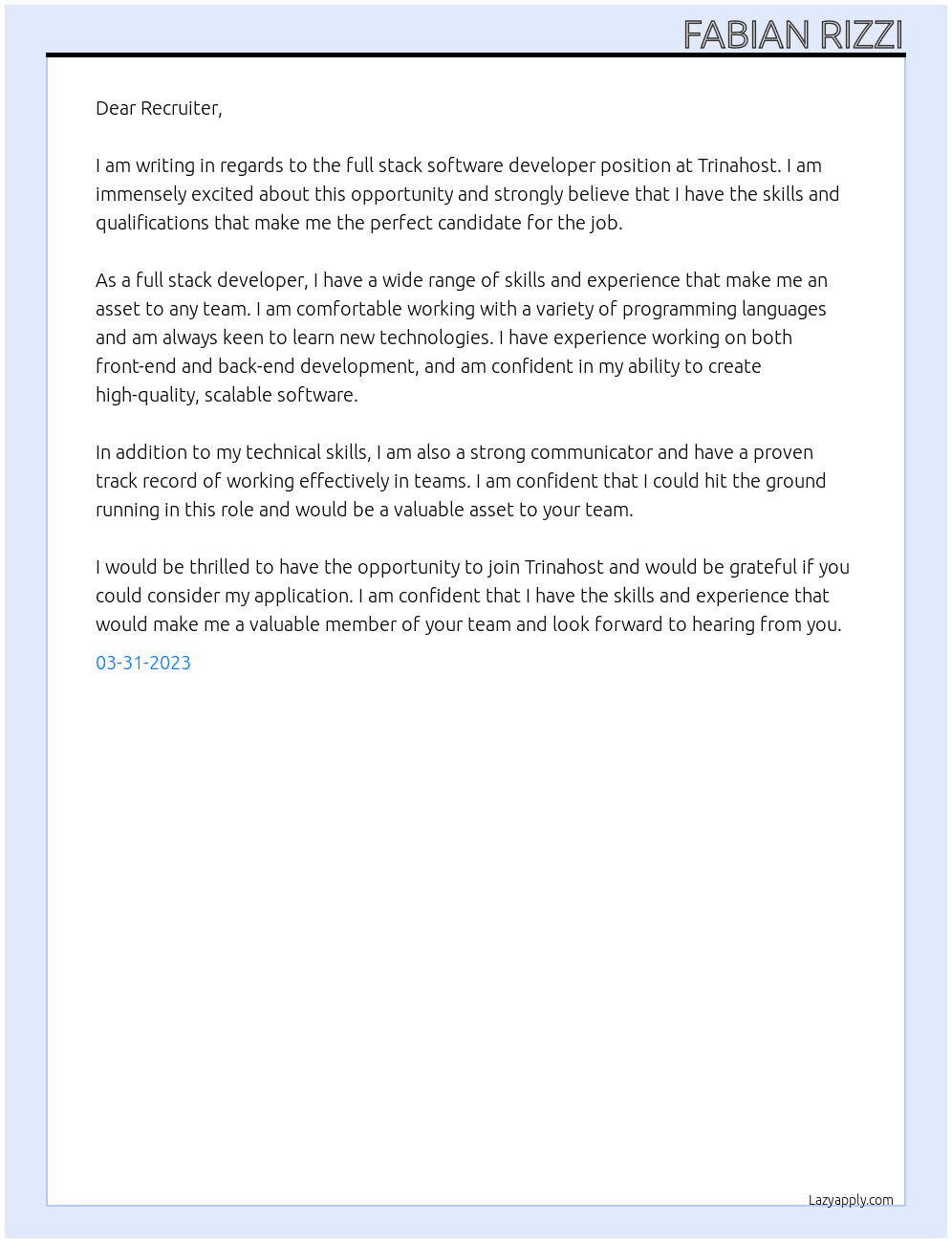full stack software developer At Trinahost Cover Letter
