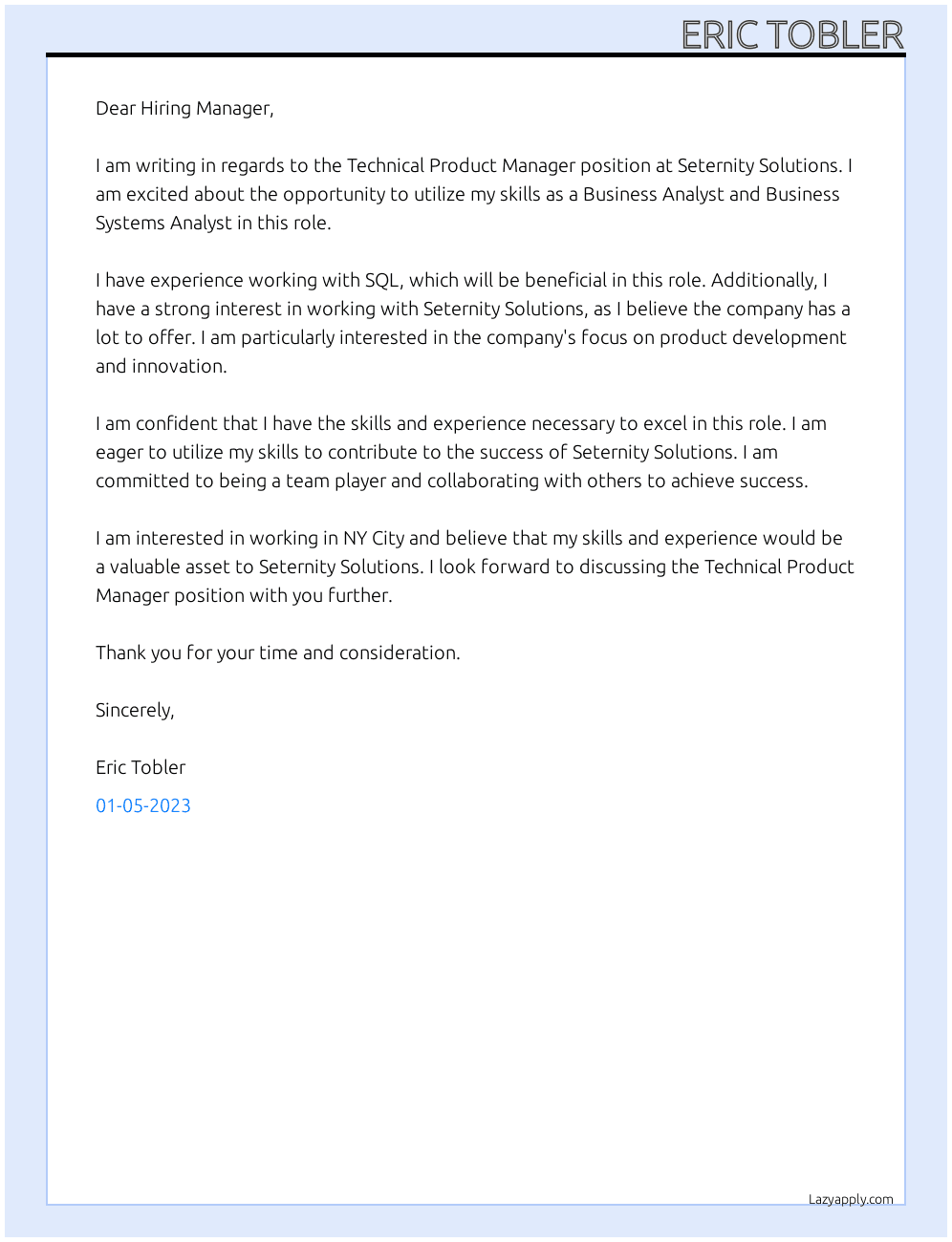 Technical Product Manager At Seternity Solutions Cover Letter