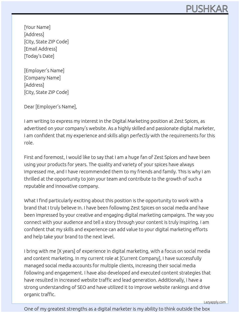 Digital Marketing At Zest Spices Cover Letter