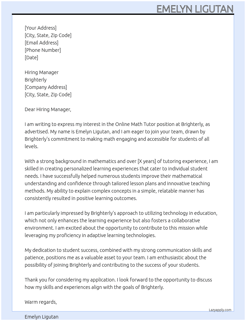 Online Math Tutor At Brighterley Cover Letter