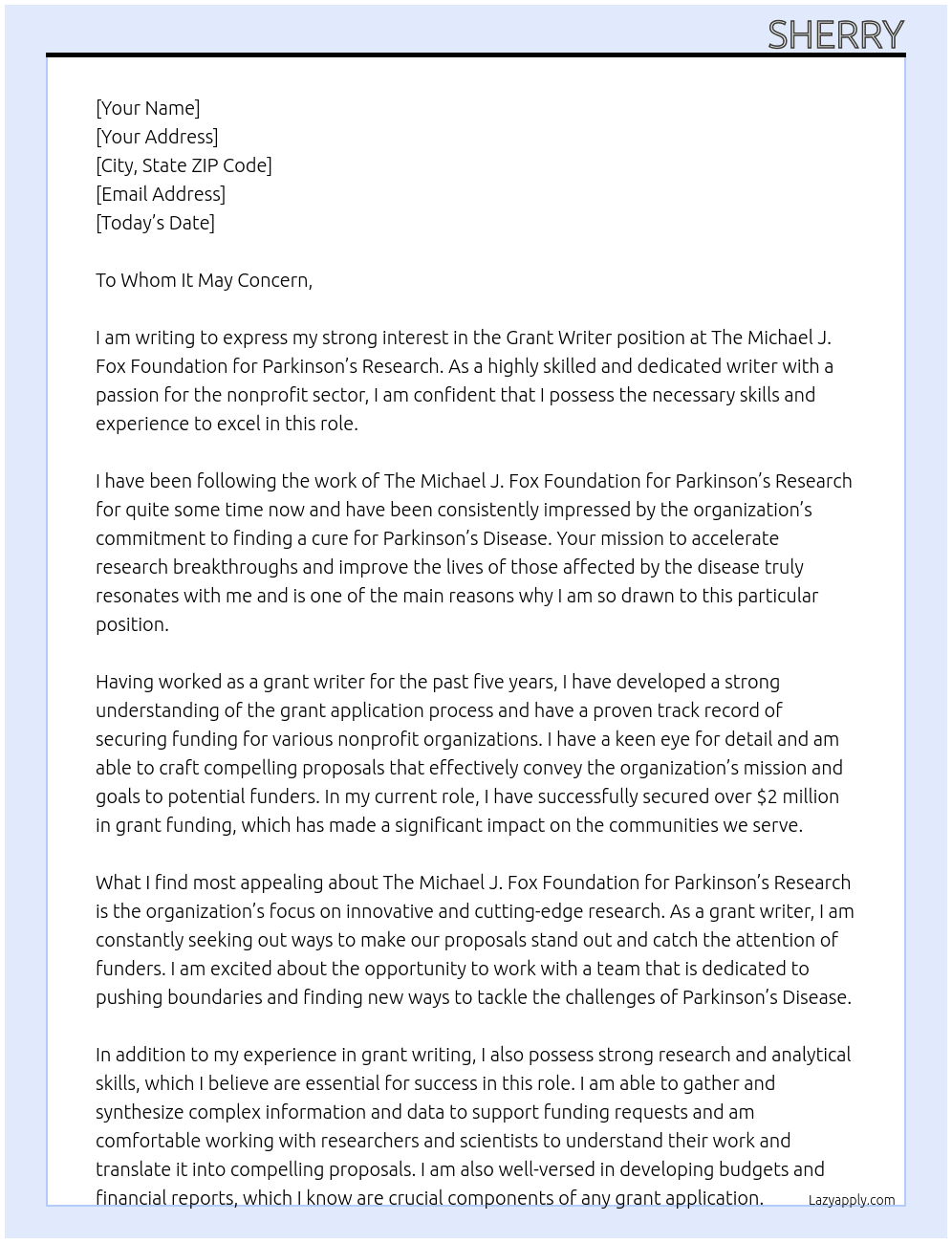 grant writer At The Michael J. Fox Foundation for Parkinson’s Research Cover Letter