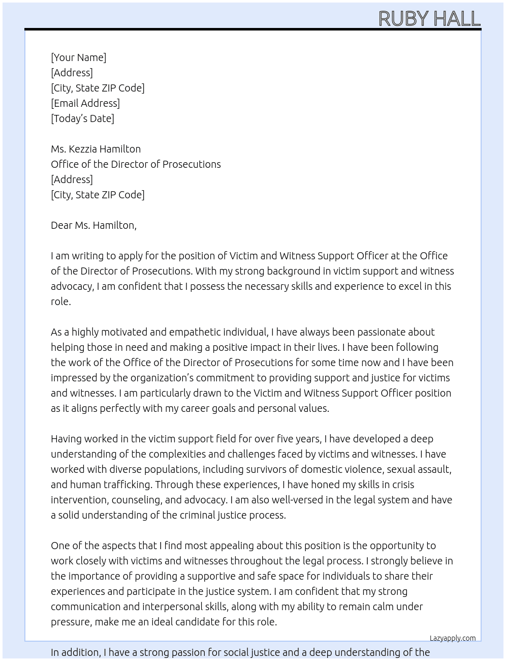 Victim and witness support officer At Office of the Director of Prosecutions Cover Letter