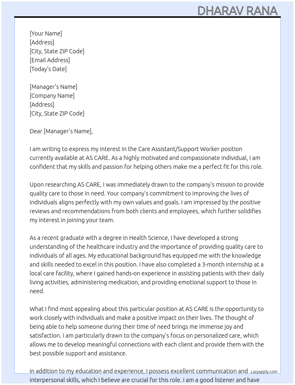 Care assistant/support worker  At AS CARE Cover Letter