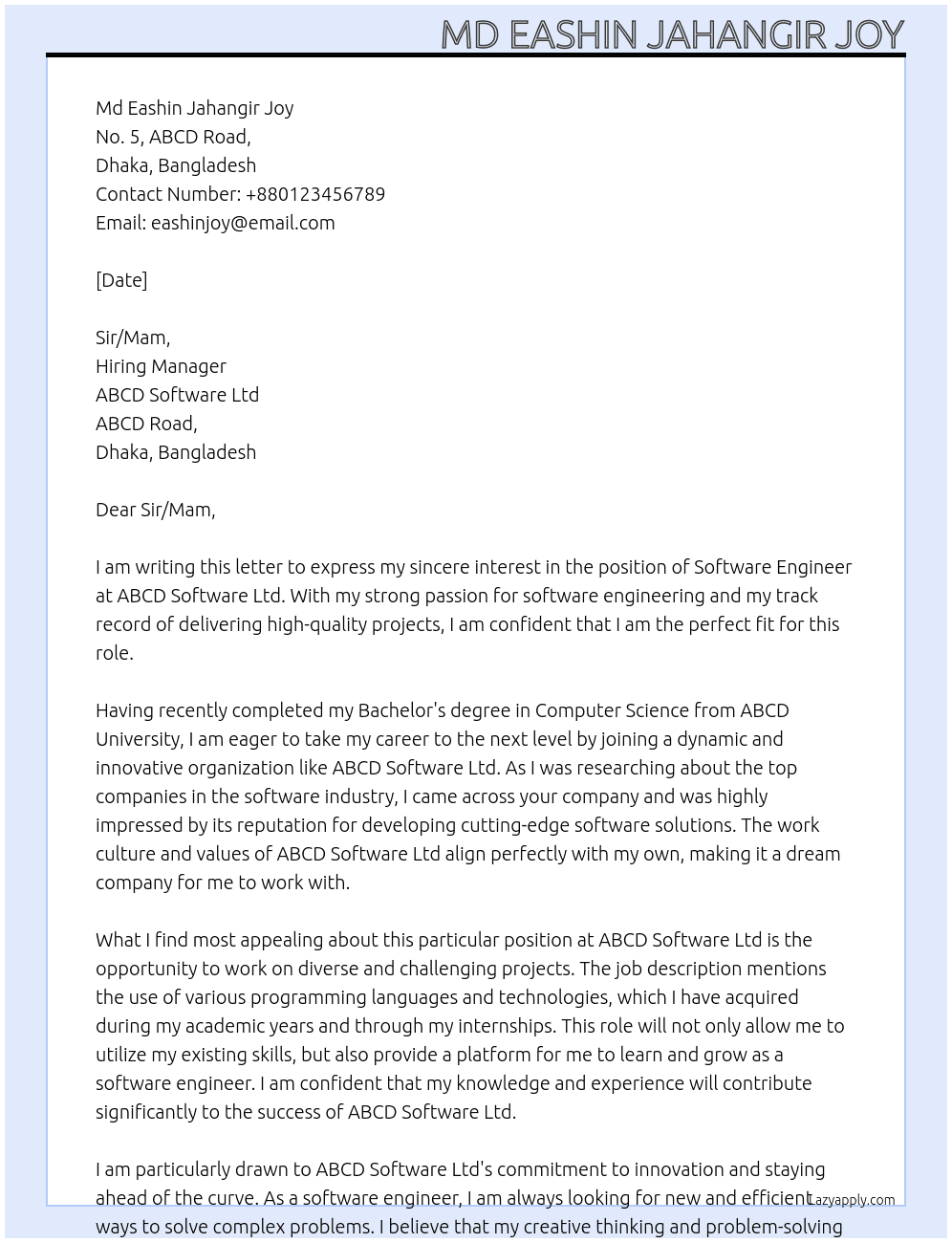 Software Engineer At ABCD Software Ltd Cover Letter