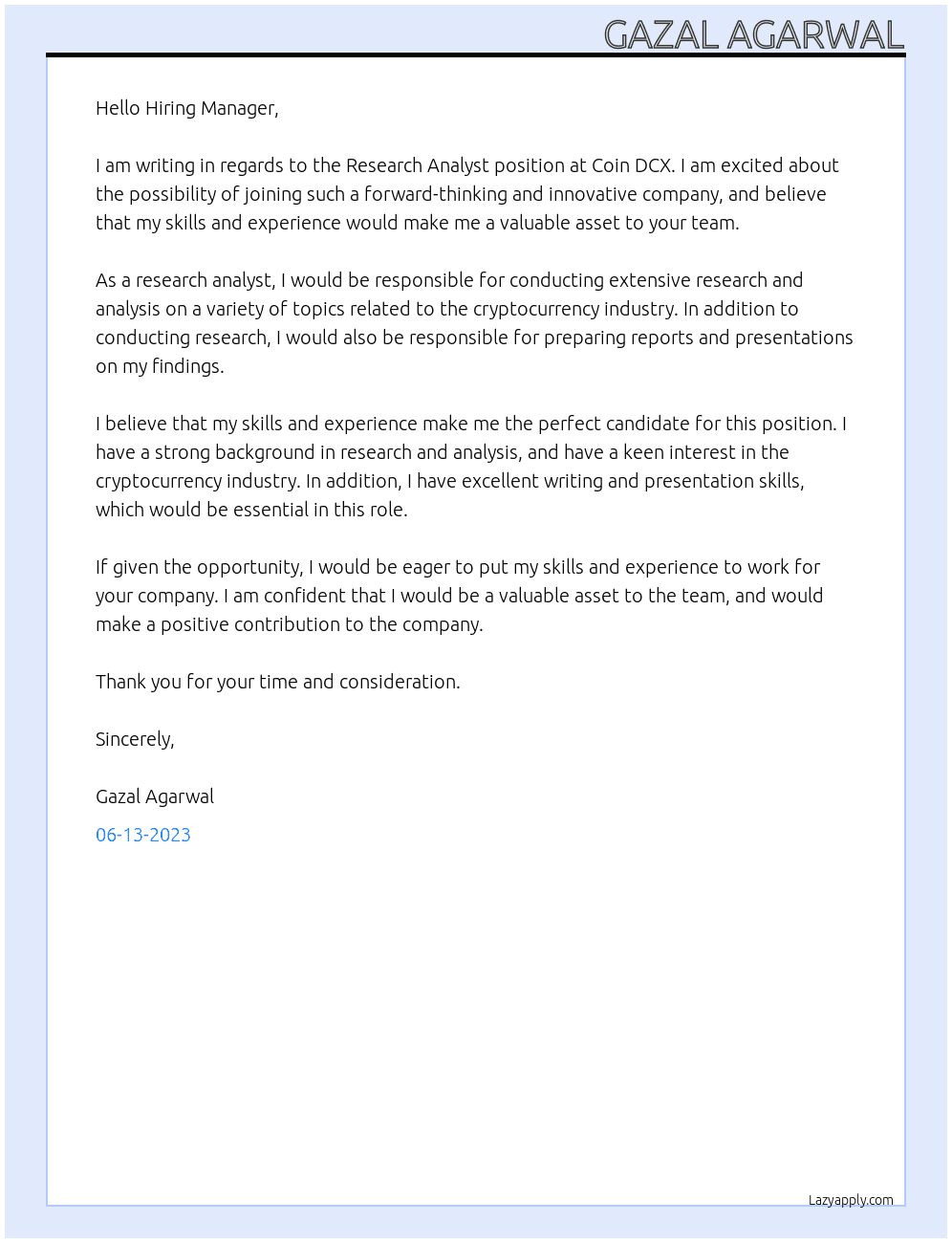 Research analyst  At Coin dcx Cover Letter