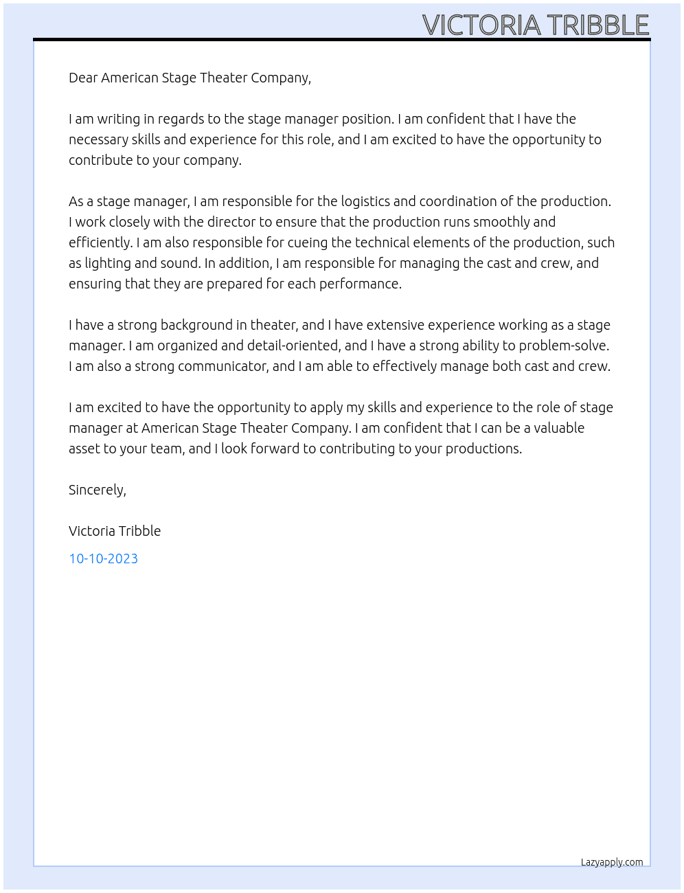 stage manager At American Stage Theater Company Cover Letter