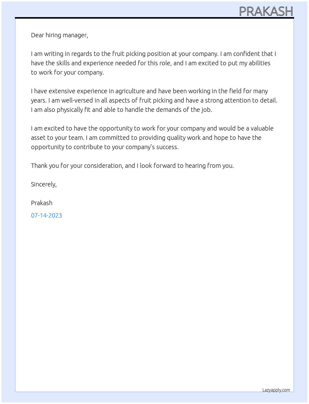 FRUIT PICKER At FGHFHT Cover Letter