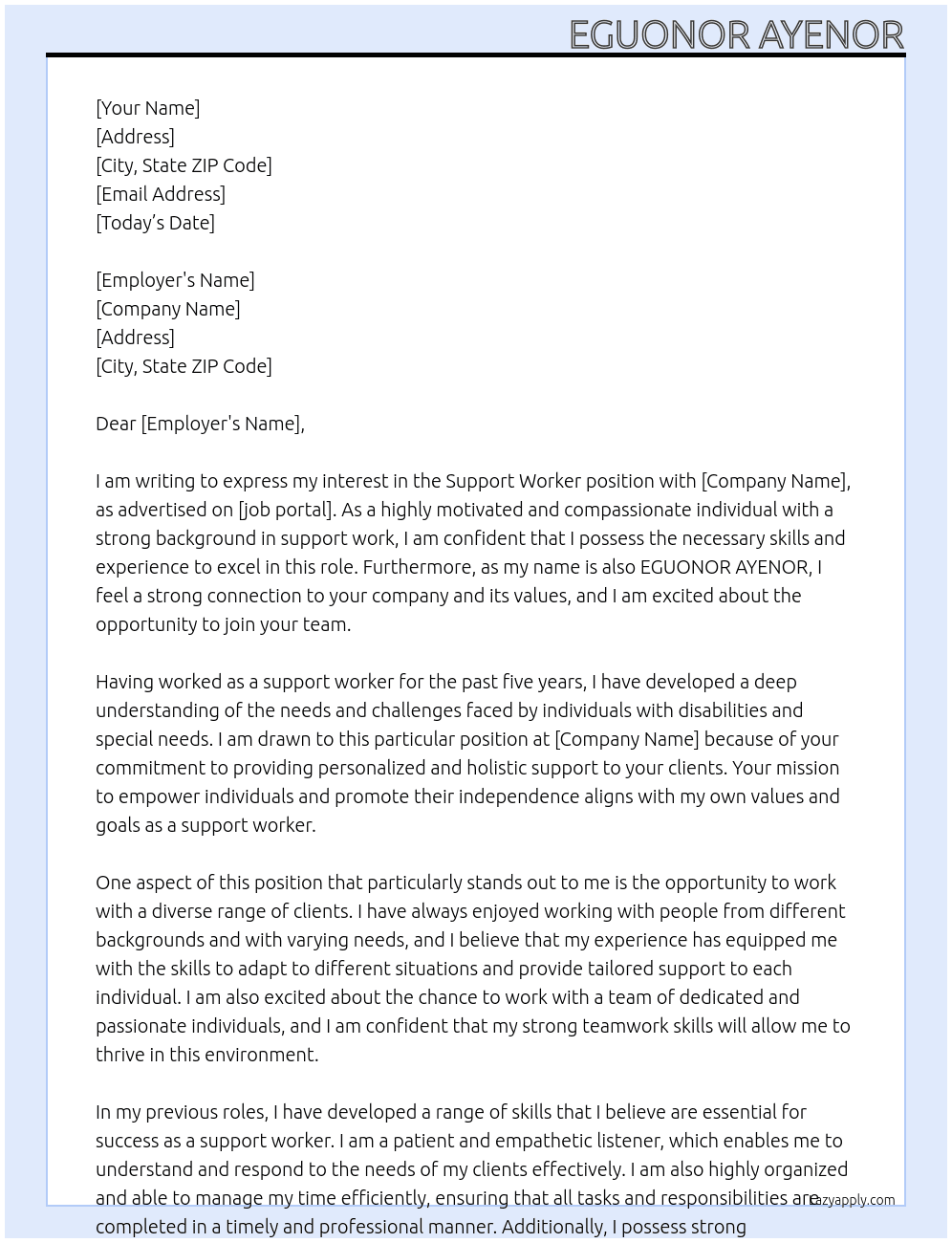 support worker At EGUONOR AYENOR Cover Letter