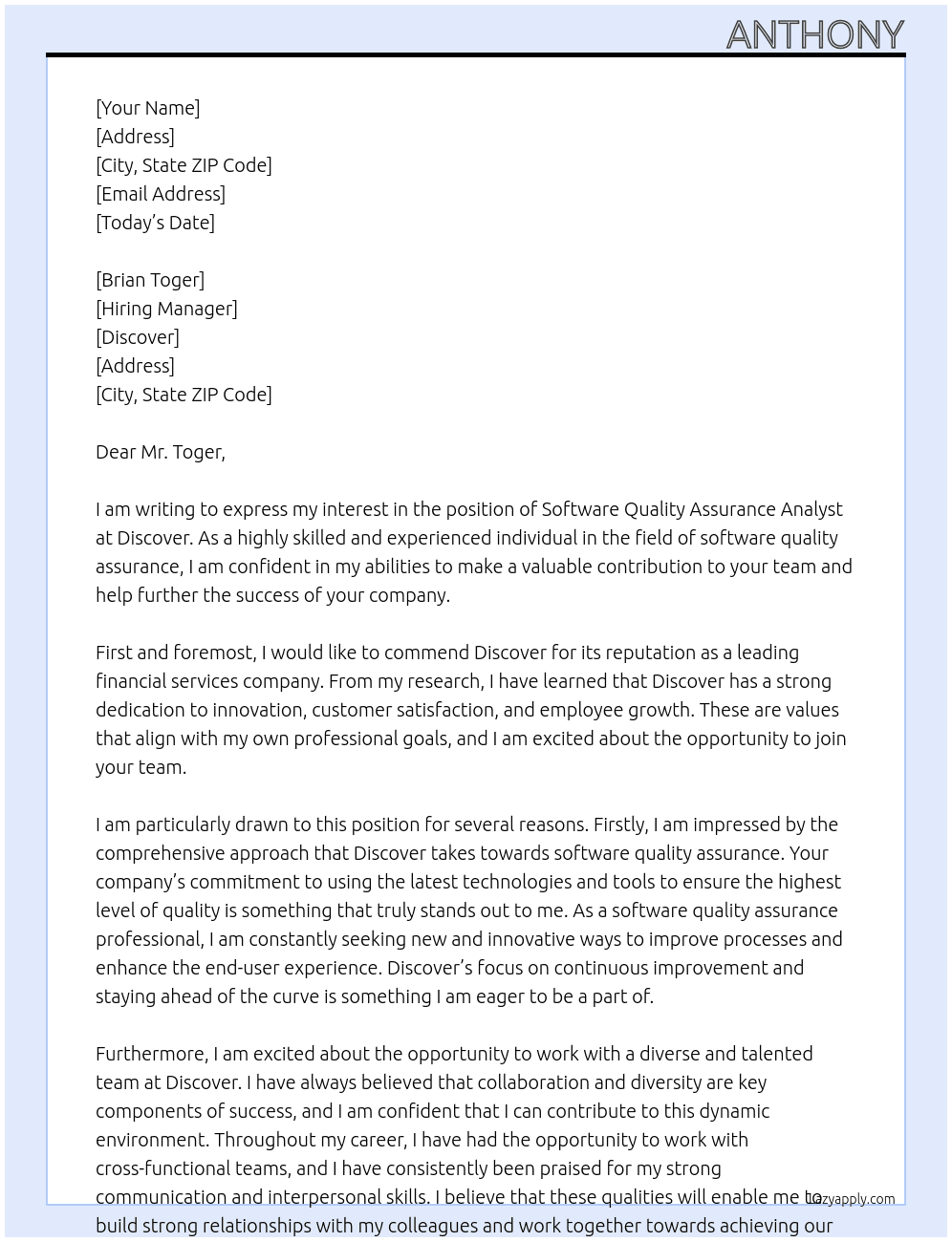 Software Quality assurance analyst At Discover Cover Letter