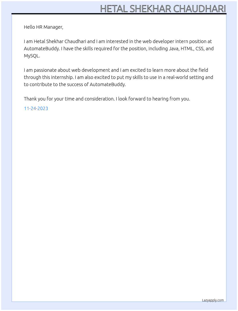 web developer intern At AutomateBuddy Cover Letter
