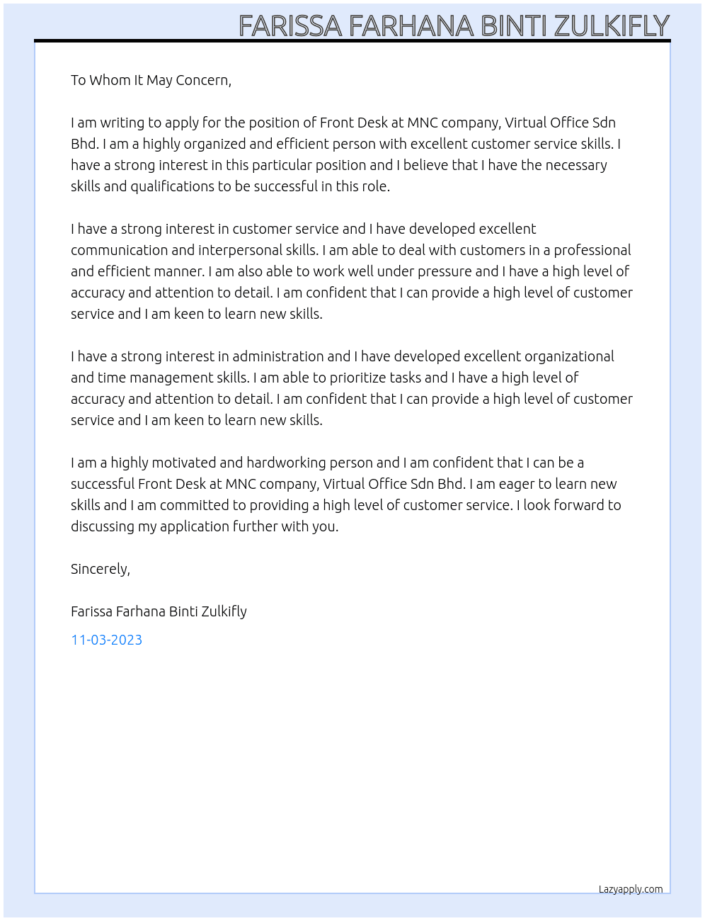 Front desk At MNC company, Virtual Office Sdn Bhd Cover Letter