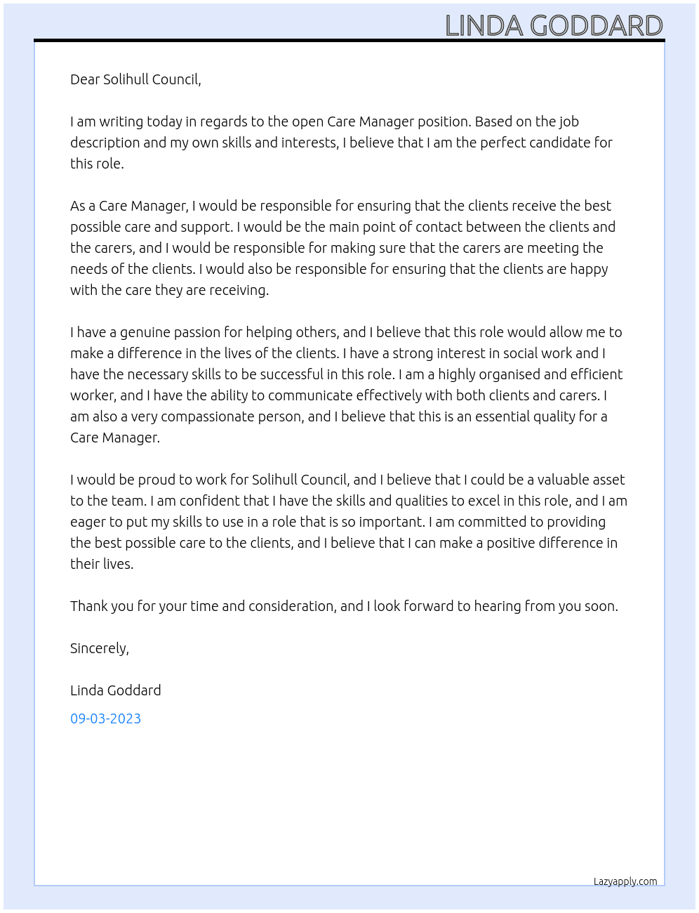 Care manager At Solihull council Cover Letter