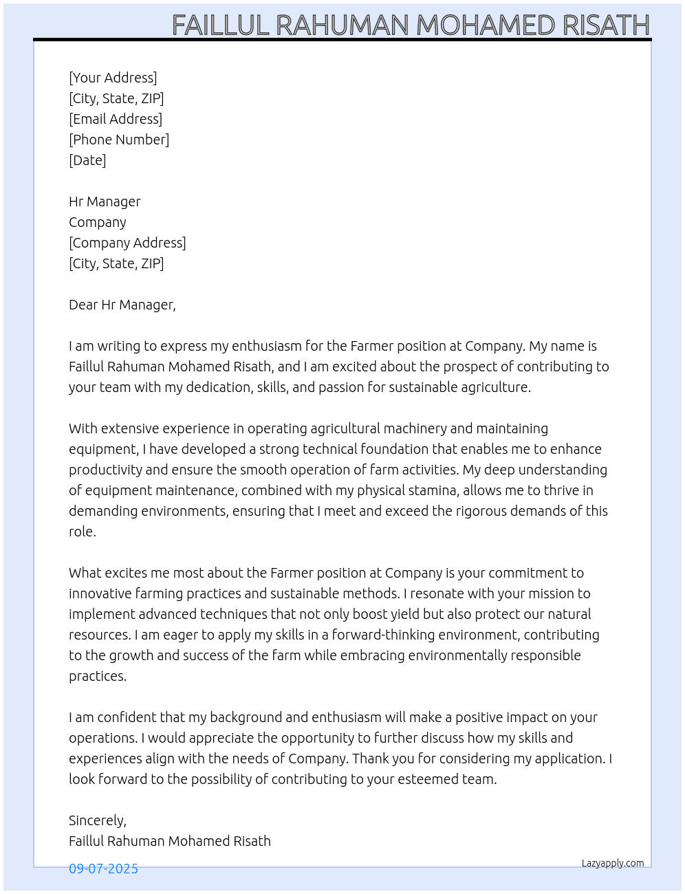 Cover letter for farmer - LazyApply