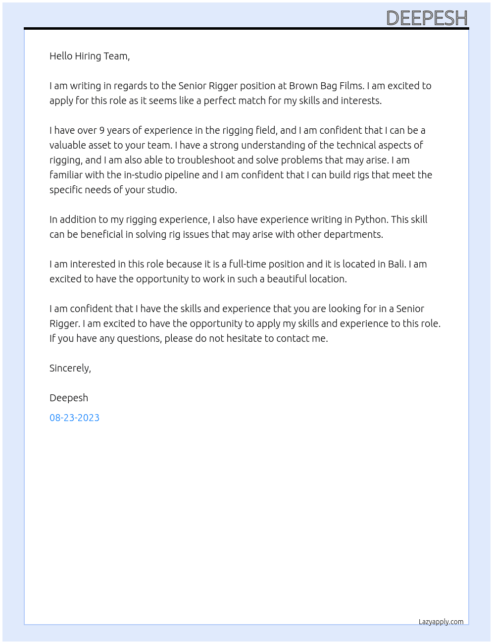 Senior Rigger At Brown Bag Films Cover Letter