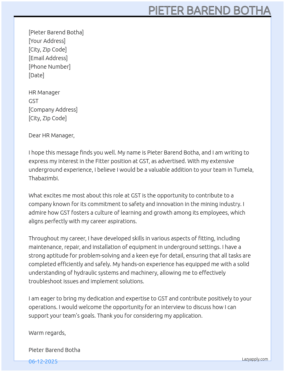 Fitter At GST Cover Letter