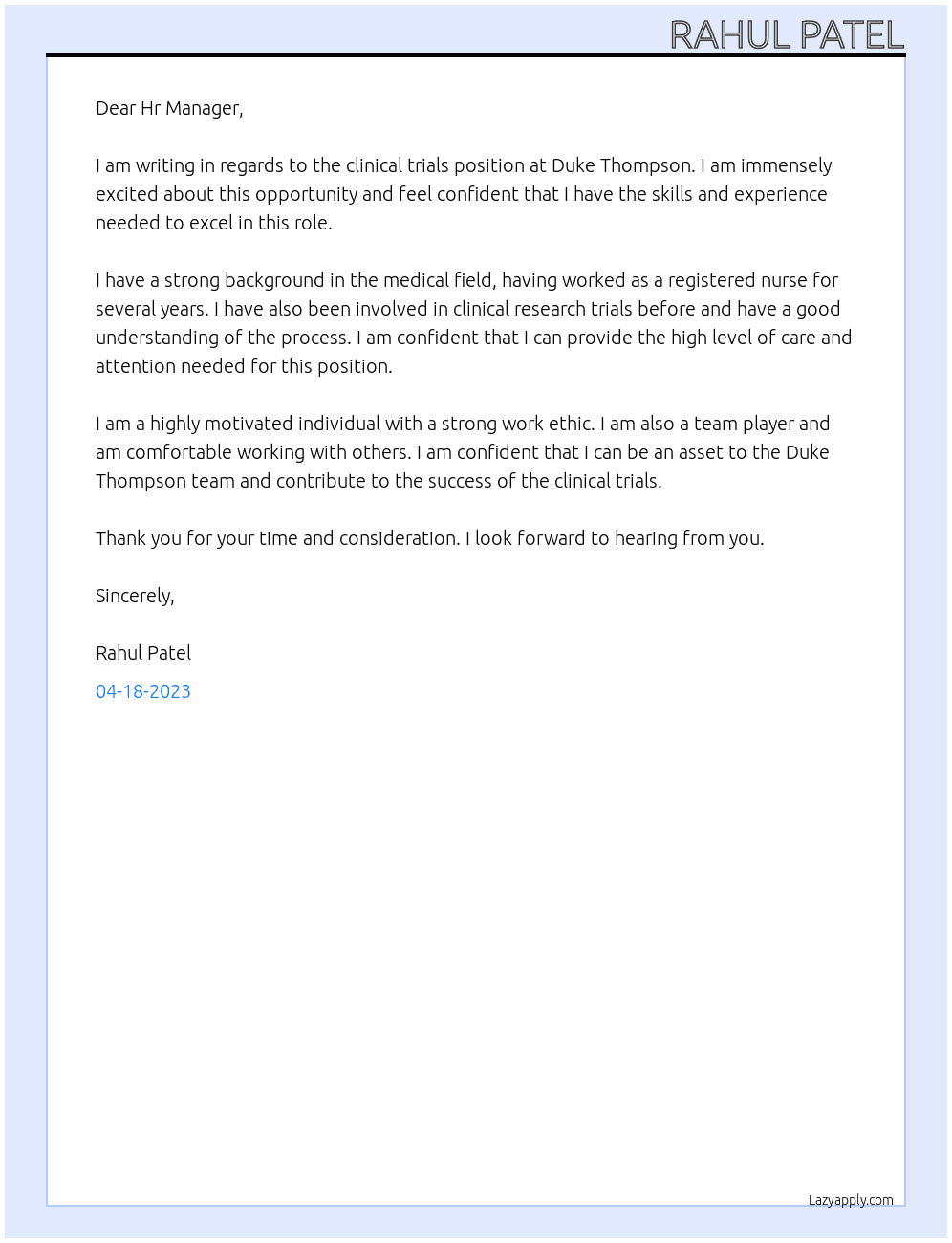 clinical trials At Duke Thompson Cover Letter
