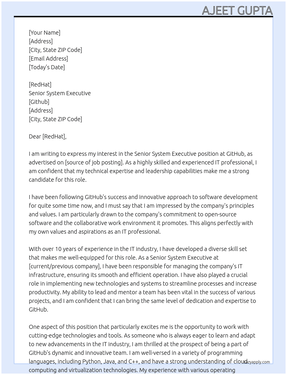 Senior system executive At GITHUB Cover Letter
