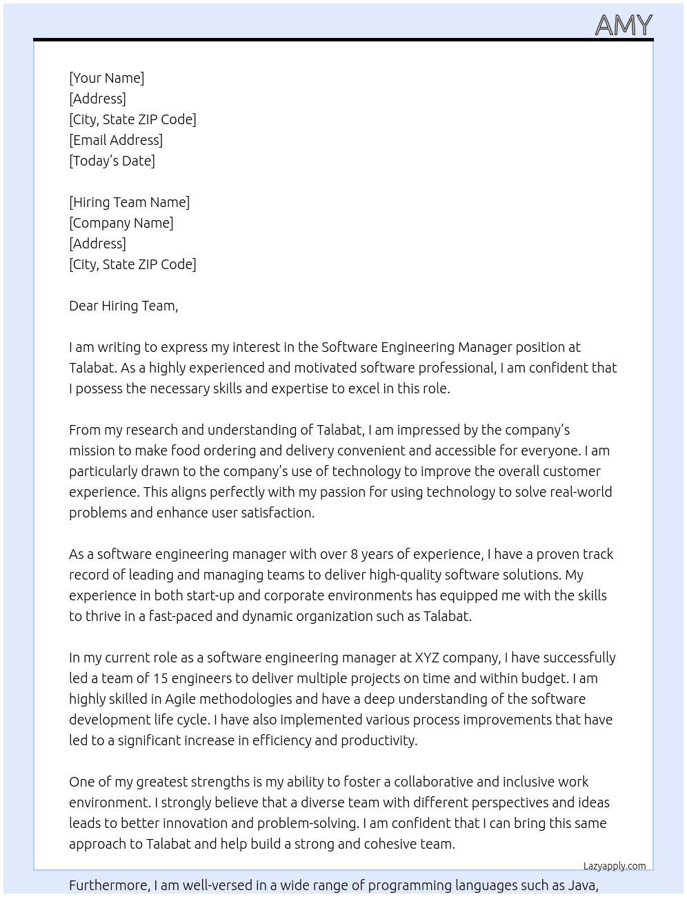 software engineering manager  At  talabat Cover Letter