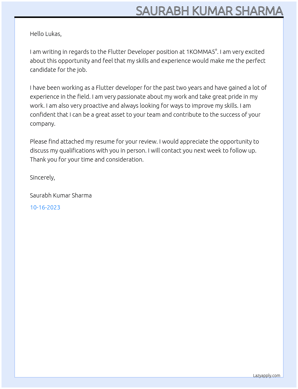 Flutter Developer At 1KOMMA5°  Cover Letter