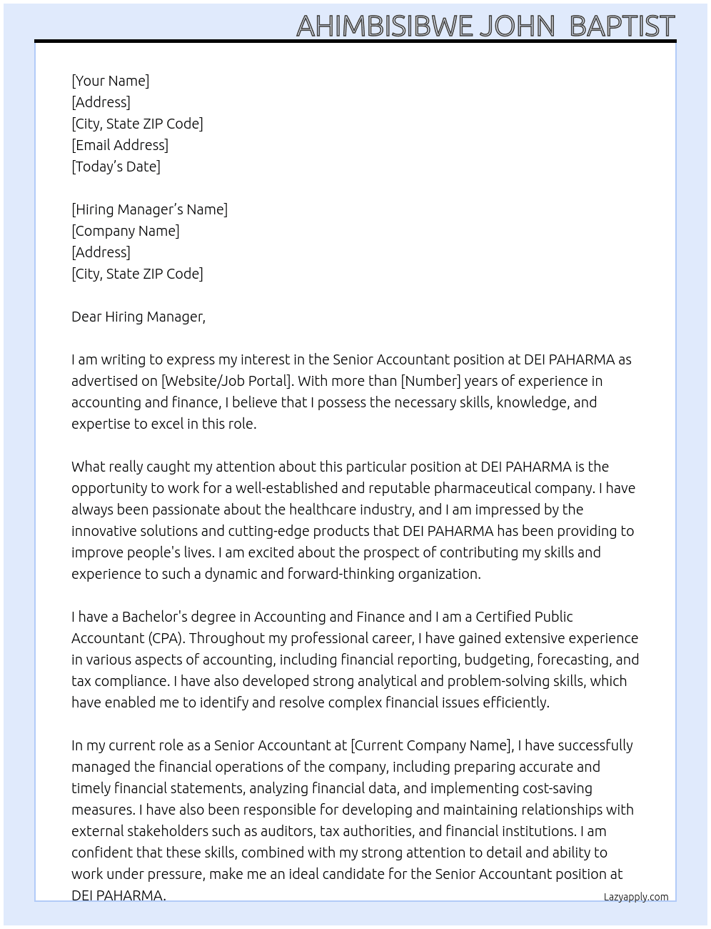 senior accountant At DEI PAHARMA Cover Letter