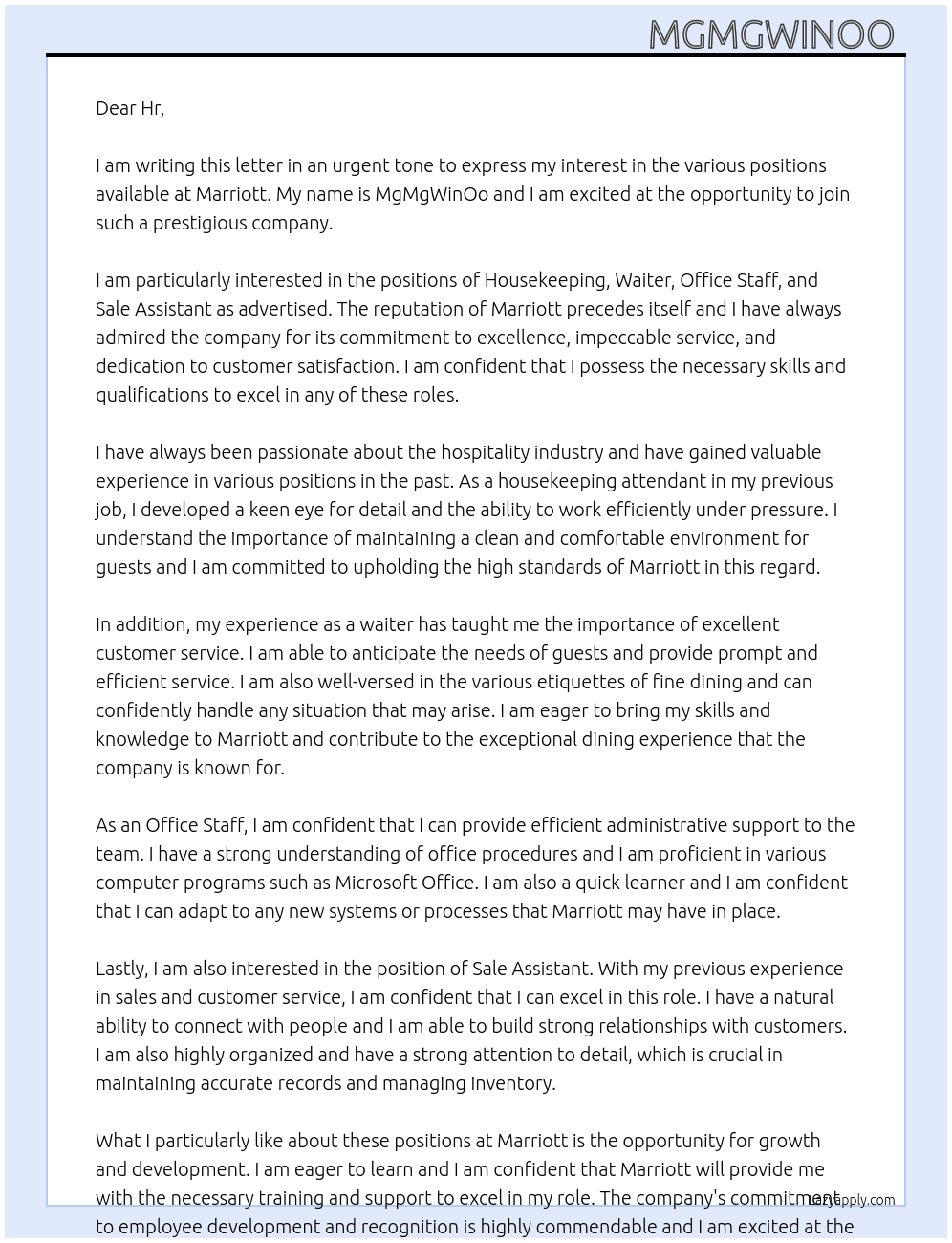 Cover letter for housekeeping ,waiter, office staff, sale assistant - LazyApply