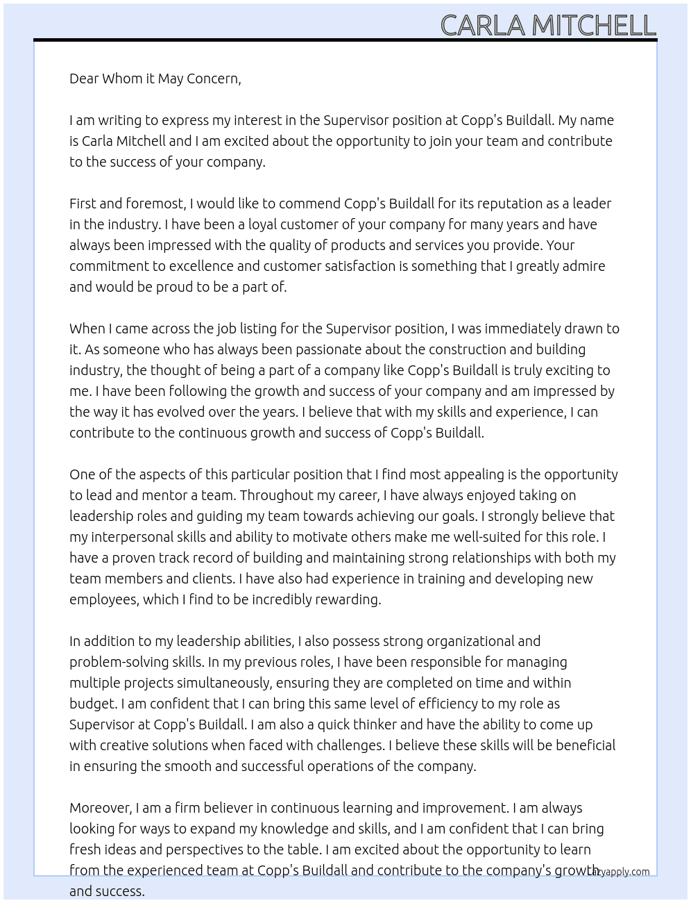 Supervisor At Copp's Buildall Cover Letter
