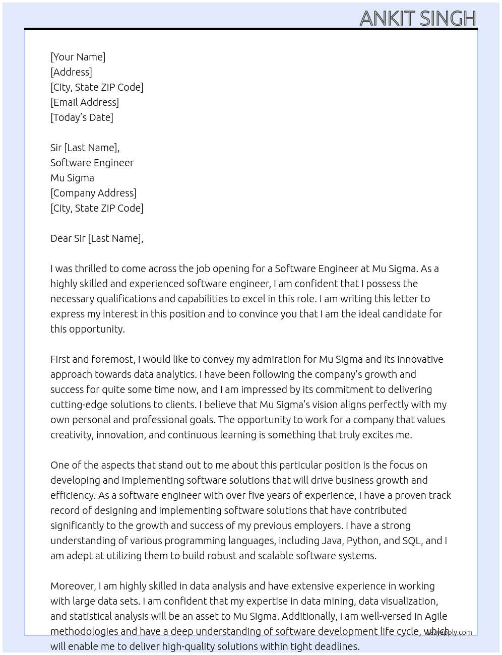 Software Engineer At Mu sigma Cover Letter