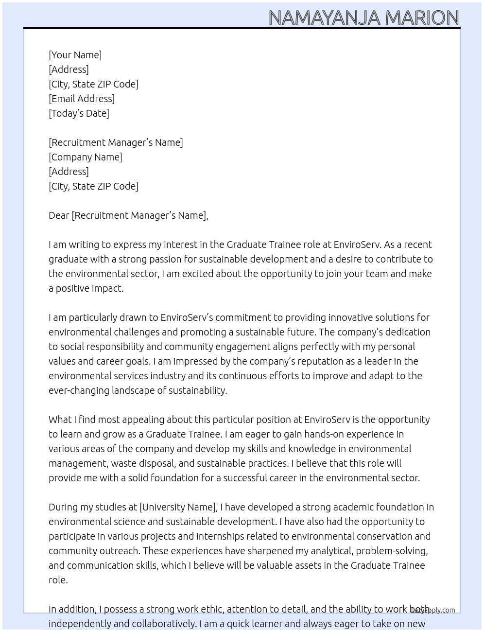 Graduate trainee  At EnviroServ Cover Letter