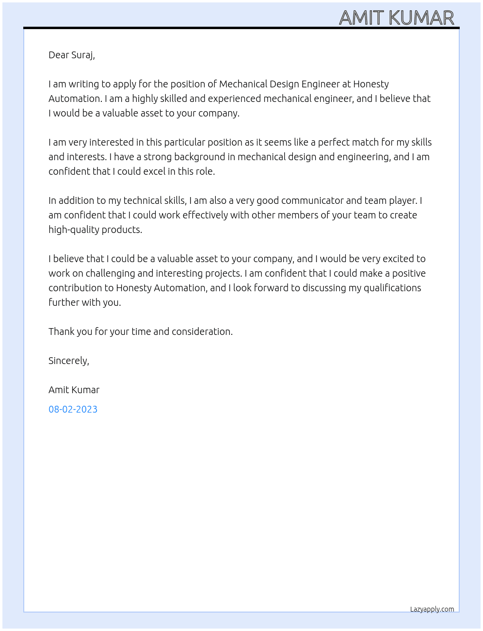 Mechanical design engineer  At Honesty automation  Cover Letter