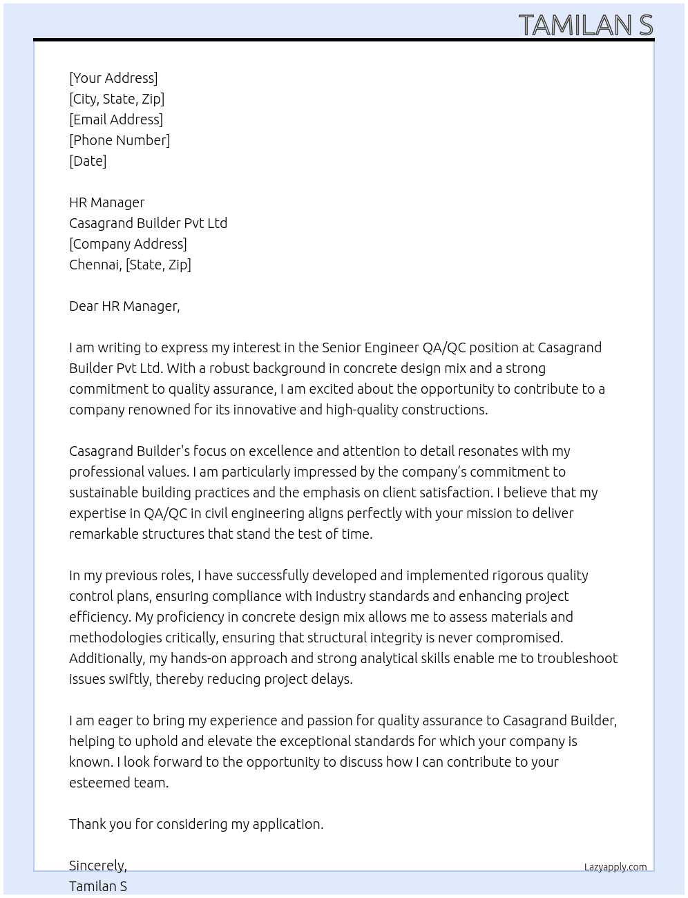 Senior Engineer QA/QC At Casagrand builder Pvt Ltd Cover Letter